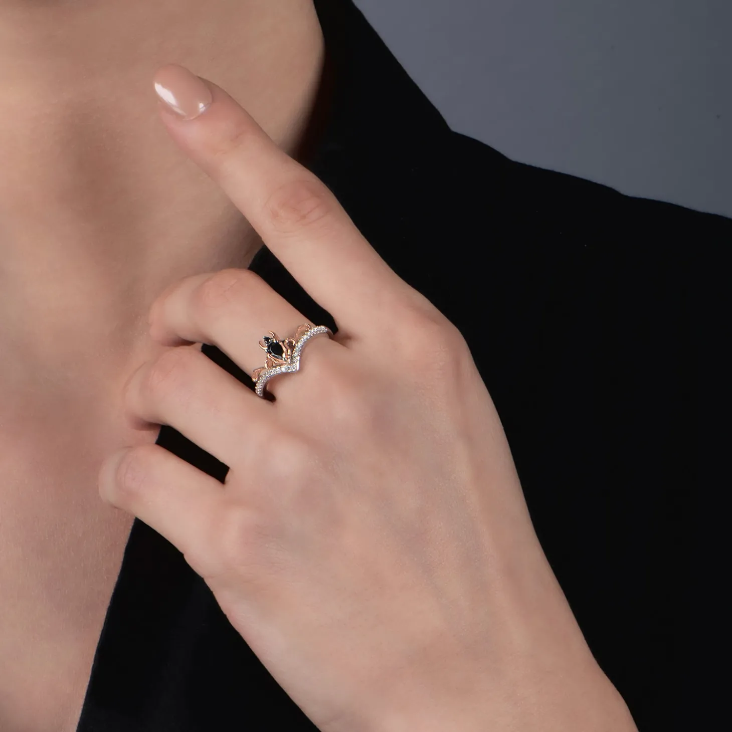 Enchanted Disney Fine Jewelry 10K Rose Gold and Sterling Silver with 1/6 CTTW Black and White Diamond with Black Onyx Maleficent Ring