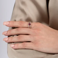 Enchanted Disney Fine Jewelry Sterling Silver and 10K Rose Gold with 1/20 CTTW Diamonds and Rhodolite Garnet Anna Wheat Ring