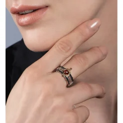 Enchanted Disney Fine Jewelry 10K Yellow Gold and Sterling Silver with 1/4 CTTW Black Diamond and Red Garnet Evil Queen Ring