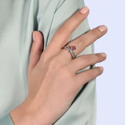 Enchanted Disney Fine Jewelry 14K Rose Gold over Sterling Silver 1/7 CTTW Diamond and Rhodolite Garnet Mulan Tiara Ring
