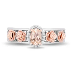 Enchanted Disney Fine Jewelry Sterling Silver and 10K Rose Gold with 1/20 CTTW Diamond and Morganite Aurora Halo Filigree Ring