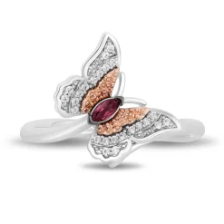 Enchanted Disney Fine Jewelry Sterling Silver and 10K Rose Gold 1/10 CTTW Diamond and Rhodolite Garnet Mulan Butterfly Ring
