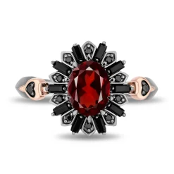 Enchanted Disney Fine Jewelry Black Rhodium Over Sterling Silver and 10K Rose Gold 1/10 CTTW Black Diamond with Black Onyx and Red Garnet Evil Queen Throne Ring