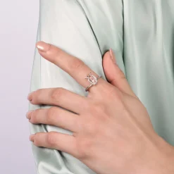 Enchanted Disney Fine Jewelry Sterling Silver and 10K Rose Gold with 1/10 CTTW Diamond and Pink Quartz Aurora Owl Ring