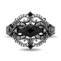 Enchanted Disney Fine Jewelry Black Rhodium Over Sterling Silver with 1/6 CTTW Diamond and Black Onyx Maleficent Ring