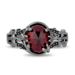 Enchanted Disney Fine Jewelry Black Rhodium Over Sterling Silver with 1/10 CTTW Black Diamonds and Garnet Evil Queen Ring