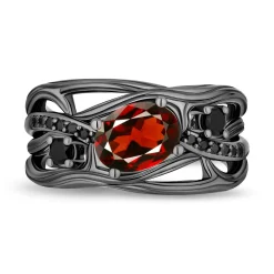 Enchanted Disney Fine Jewelry Black Rhodium Over Sterling Silver with 1/10 CTTW Black Diamonds and Garnet Evil Queen Dark Woods Ring