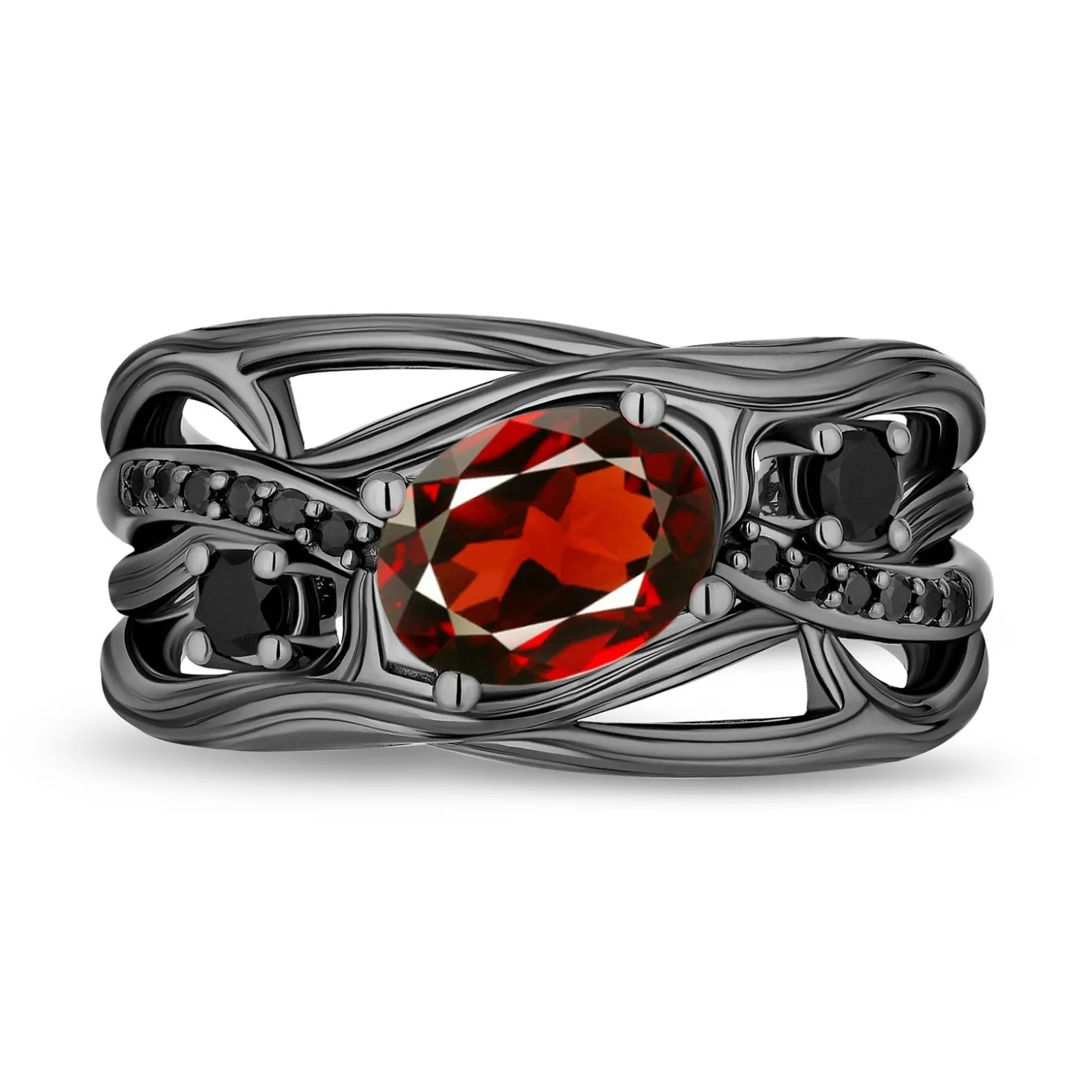 Enchanted Disney Fine Jewelry Black Rhodium Over Sterling Silver with 1/10 CTTW Black Diamonds and Garnet Evil Queen Dark Woods Ring