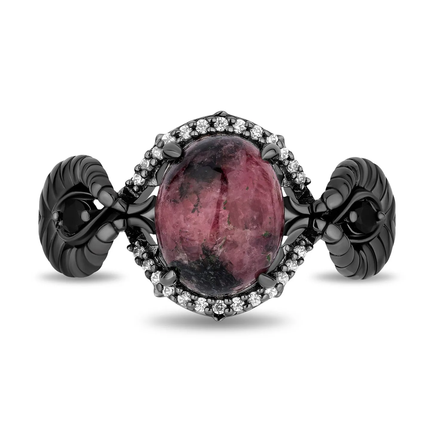 Enchanted Disney Fine Jewelry Black Rhodium Over Sterling Silver 1/10 CTTW Diamonds with Rhodonite and Black Onyx Maleficent Ring