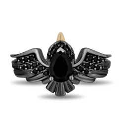 Enchanted Disney Fine Jewelry Black Rhodium Over Sterling Silver and 10K Yellow Gold with 1/5 CTTW Black Diamonds, Onyx and Garnet Sleeping Beauty 65th Anniversary Celebration Maleficent Ring