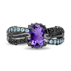 Enchanted Disney Fine Jewelry Black Rhodium Over Sterling Silver with 1/8 CTTW Diamonds, Amethyst and Swiss Blue Topaz Ursula Ring