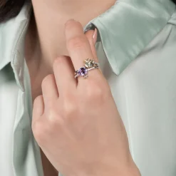 Enchanted Disney Fine Jewelry Sterling Silver and 10K Yellow and Rose Gold 1/6 CTTW Diamond with Green and Purple Amethyst Stepsisters Stackable Ring