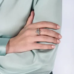 Enchanted Disney Fine Jewelry Sterling Silver and 10K Rose Gold With 1/6 CTTW Diamond Elsa and Anna Duo Stack Ring