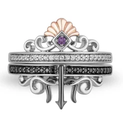 Enchanted Disney Fine Jewelry Black Rhodium and 14K Rose Gold Over Sterling Silver with 1/5 CTTW Diamonds and Amethyst Ariel Ursula Duo Ring