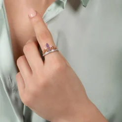 Enchanted Disney Fine Jewelry 14K Rose Gold over Sterling Silver with 1/10 CTTW Diamond and Rose-de-France Rapunzel Tiara Ring