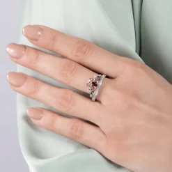 Enchanted Disney Fine Jewelry 14K Rose Gold Over Sterling Silver 1/10 CTTW Diamond and Red Garnet Snow White Tiara Ring
