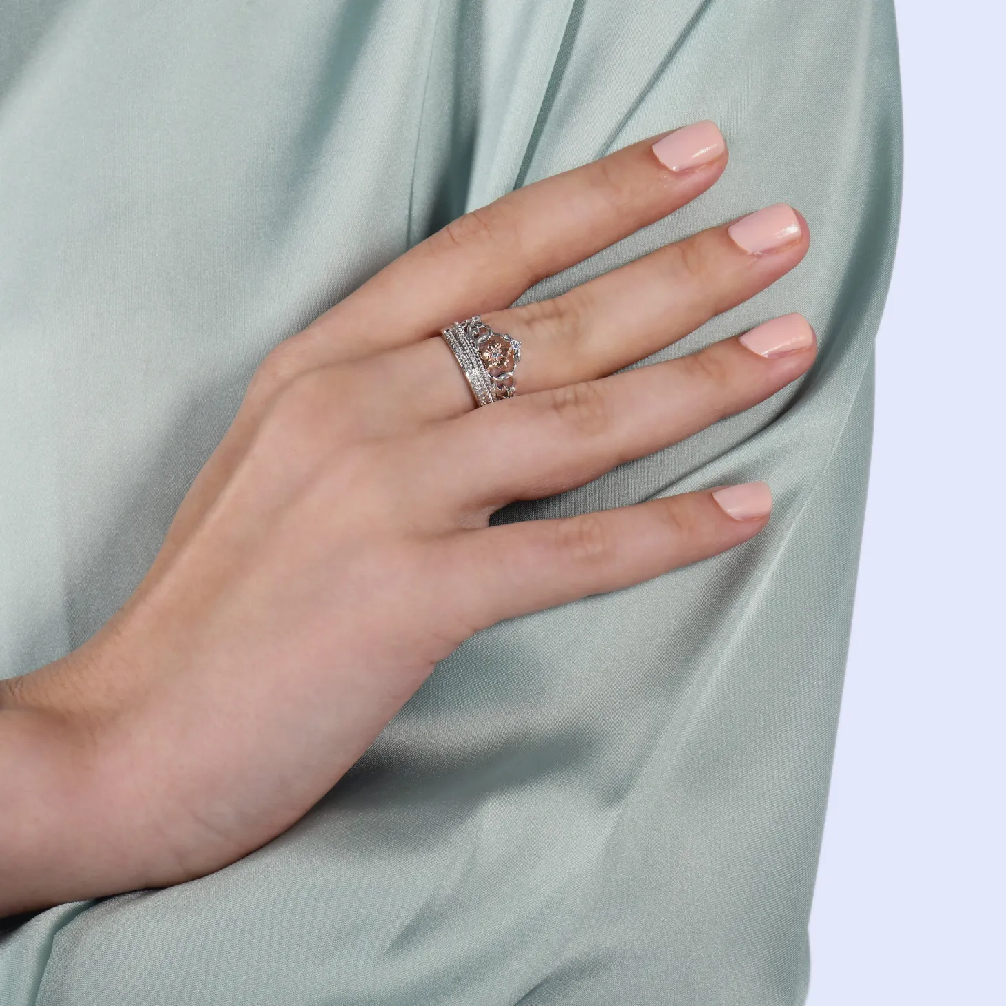 Enchanted Disney Fine Jewelry Sterling Silver and 10K Rose Gold 1/10 CTTW Rapunzel Tiara Ring