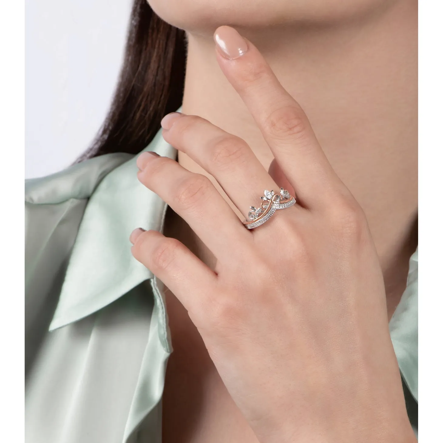 Enchanted Disney Fine Jewelry Sterling Silver and 10K Rose Gold with 1/5 CTTW Round and Marquise Diamond Rapunzel Tiara Ring