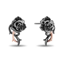 Enchanted Disney Fine Jewelry Black Rhodium Over Sterling Silver and 10K Rose Gold with 1/6 CTTW Black Diamonds Maleficent Rose Earrings