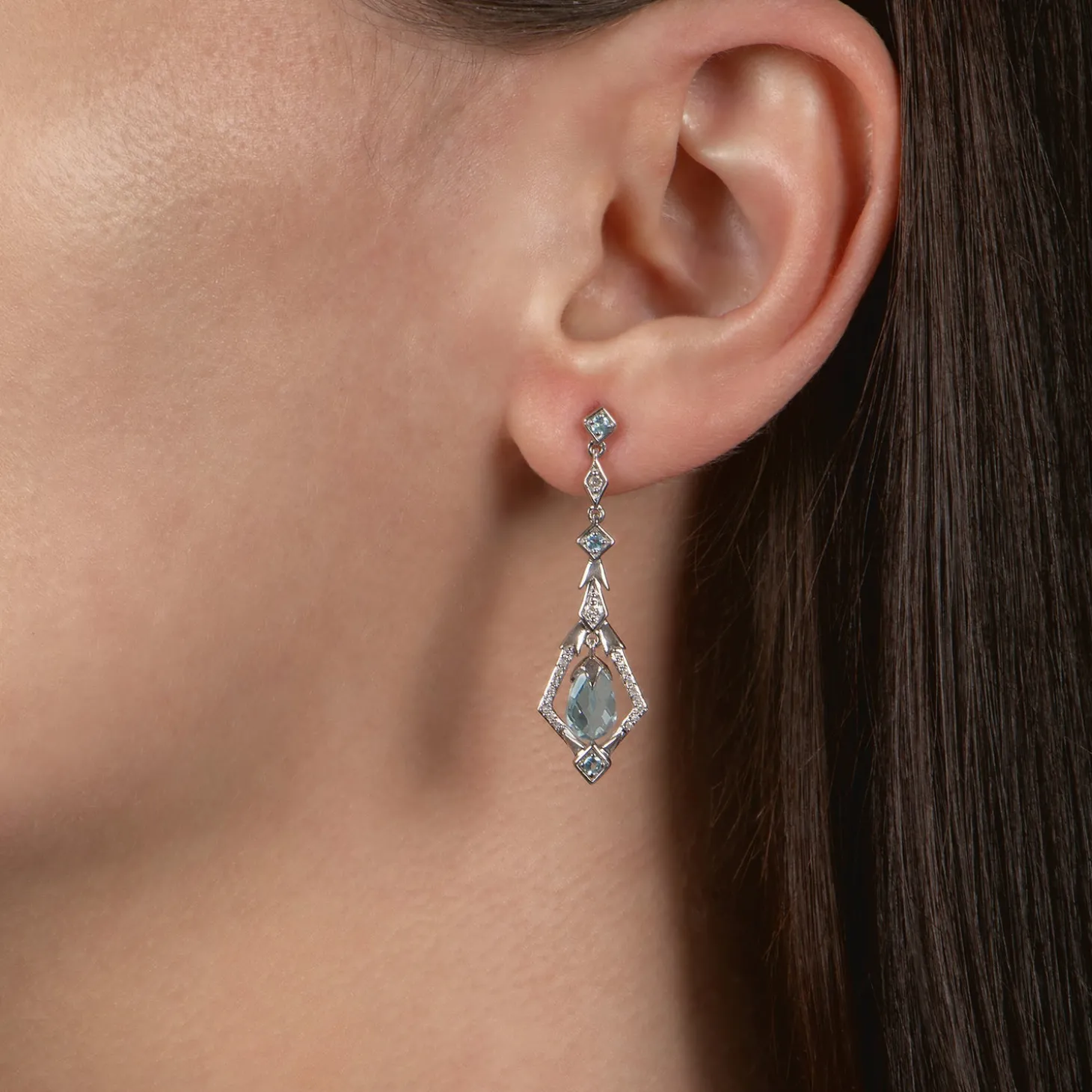 Enchanted Disney Fine Jewelry Sterling Silver with 1/8 CTTW Diamond and Swiss Blue Topaz Elsa Dangling Earrings