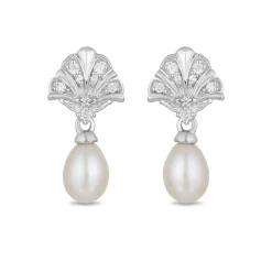 Enchanted Disney Fine Jewelry Sterling Silver with 1/10 CTTW Diamond and White Pearl Ariel Shell Fashion Earrings