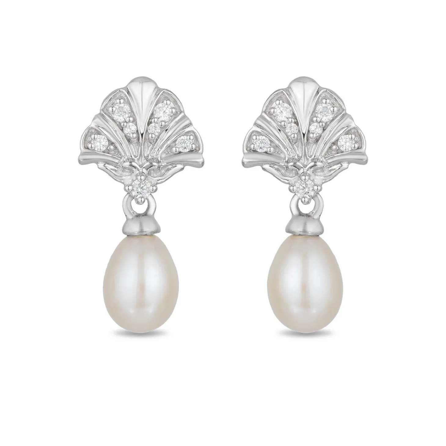 Enchanted Disney Fine Jewelry Sterling Silver with 1/10 CTTW Diamond and White Pearl Ariel Shell Fashion Earrings