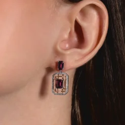 Enchanted Disney Fine Jewelry Sterling Silver and 10K Rose Gold with 1/4 CTTW Diamond with Rhodolite Garnet Mulan Earrings