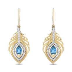 Enchanted Disney Fine Jewelry 10K Yellow Gold with 1/5 CTTW Diamonds and Swiss Blue Topaz Jasmine Peacock Feather Earrings