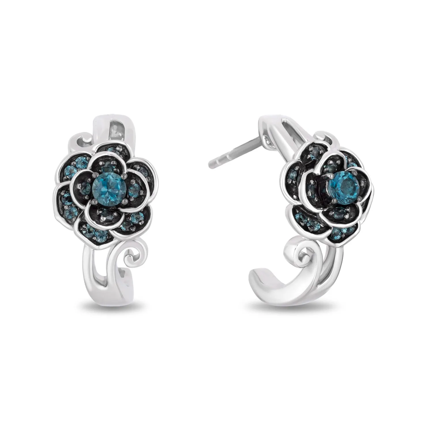 Enchanted Disney Fine Jewelry Sterling Silver with London Blue Topaz Cinderella Gardenia Flower Huggie Earrings
