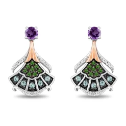 Enchanted Disney Fine Jewelry The Little Mermaid Black Rhodium over Sterling Silver and 10K Rose Gold with 1/10 CTTW Diamond and Amethyst with Green Tourmaline and Swiss Blue Topaz Ariel Earrings