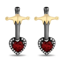 Enchanted Disney Fine Jewelry Black Rhodium and 14K Yellow Gold Over Sterling Silver with 1/8 CTTW Black and White Diamond with Red Garnet Evil Queen Earrings