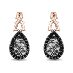 Enchanted Disney Fine Jewelry Black Rhodium Over Sterling Silver and 10K Rose Gold with 1/6 CTTW Diamonds and Rutile Quartz Maleficent Earrings