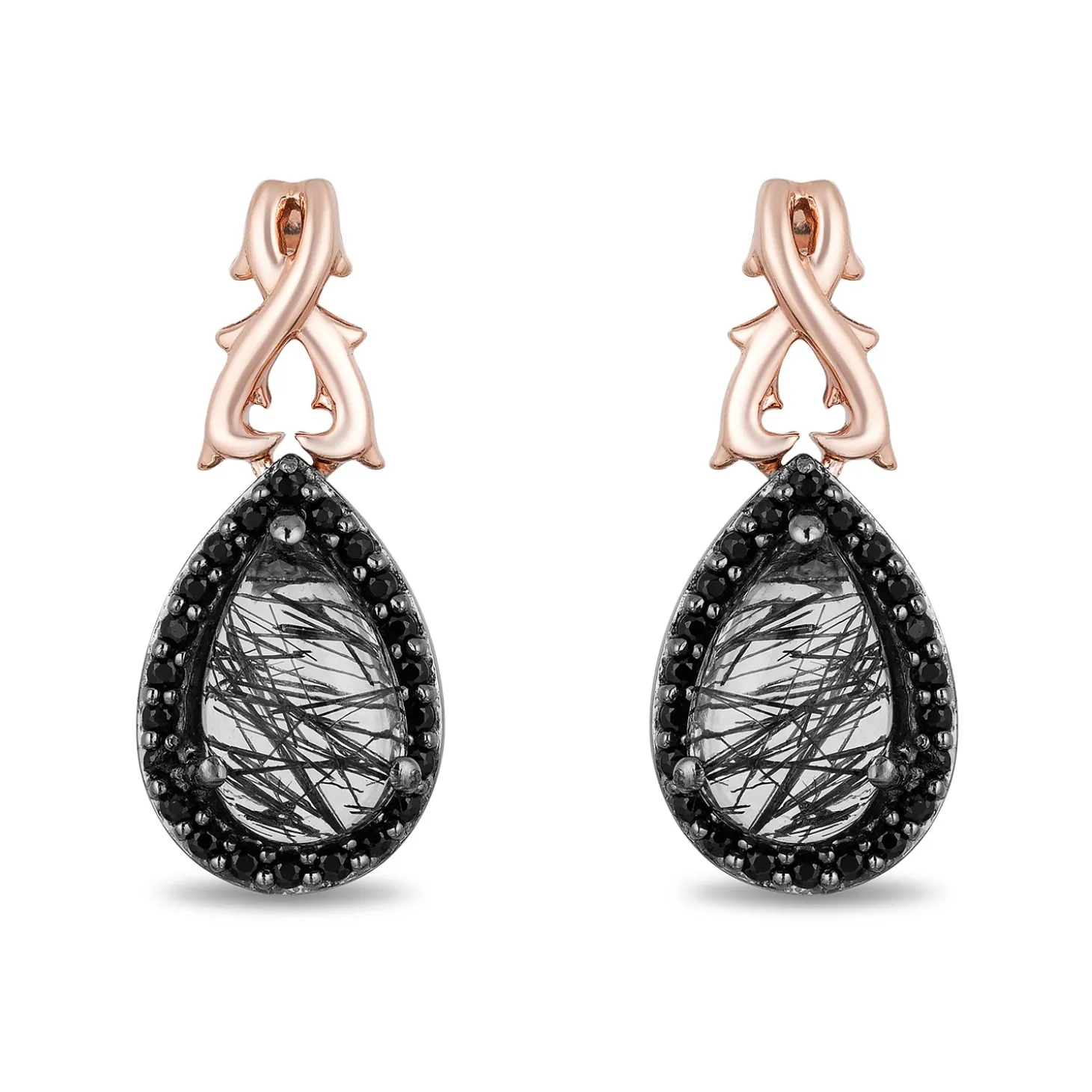 Enchanted Disney Fine Jewelry Black Rhodium Over Sterling Silver and 10K Rose Gold with 1/6 CTTW Diamonds and Rutile Quartz Maleficent Earrings