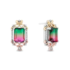 Enchanted Disney Fine Jewelry Sterling Silver, 10K Rose Gold and Yellow Gold with 1/10 CTTW Diamonds and Watermelon Quartz Cinderella Step Sister Earrings
