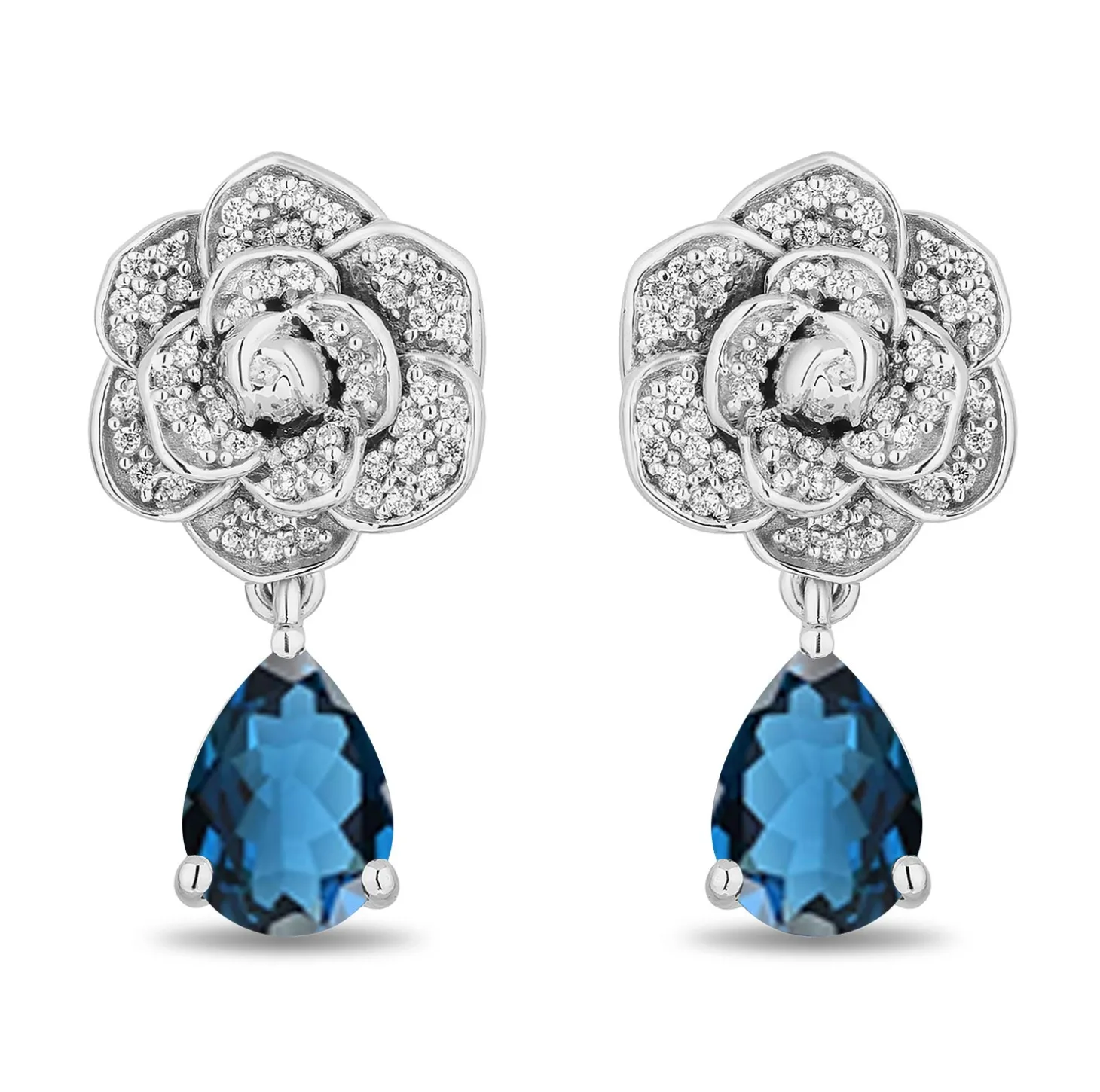 Enchanted Disney Fine Jewelry Sterling Silver with 1/5 CTTW Diamonds and London Blue Topaz Cinderella Earrings
