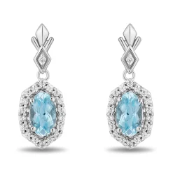 Enchanted Disney Fine Jewelry Sterling Silver with 1/10 CTTW Diamonds and Checkerboard Sky Blue Topaz Elsa Earrings