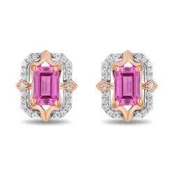 Enchanted Disney Fine Jewelry 14K Rose Gold over Sterling Silver with 1/6 CTTW Diamonds and Created Pink Sapphire Aurora Earrings