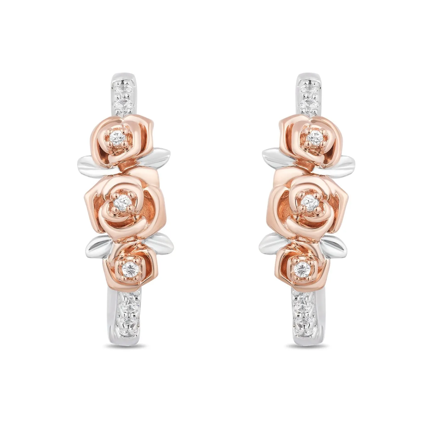 Enchanted Disney Fine Jewelry 10K Rose Gold and Sterling Silver with 1/5 CTTW Diamond Belle"Dozen Roses" Earrings