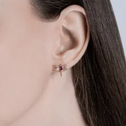 Enchanted Disney Fine Jewelry 14K Rose Gold over Sterling Silver with 1/15 CTTW Diamond And Rhodolite Garnet Mulan Dragonfly Earrings