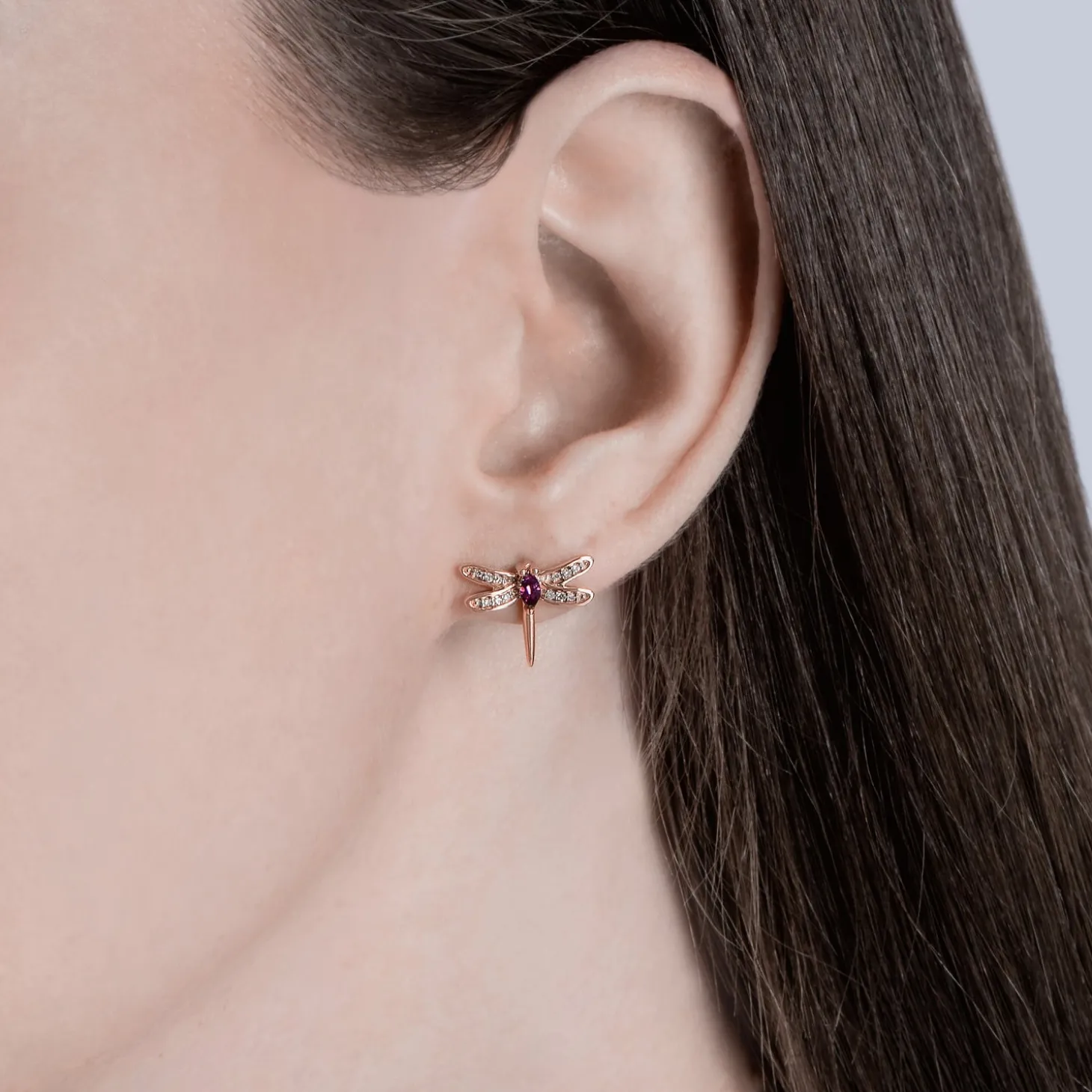 Enchanted Disney Fine Jewelry 14K Rose Gold over Sterling Silver with 1/15 CTTW Diamond And Rhodolite Garnet Mulan Dragonfly Earrings