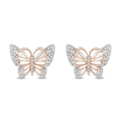 Enchanted Disney Fine Jewelry Sterling Silver and 10K Rose Gold 1/10 CTTW Natural White Round Diamond Mulan Butterfly Earrings