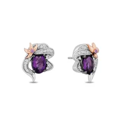 Enchanted Disney Fine Jewelry Sterling Silver and 10K Rose Gold with 1/10 CTTW White Diamond and Amethyst Ariel Stud Earrings