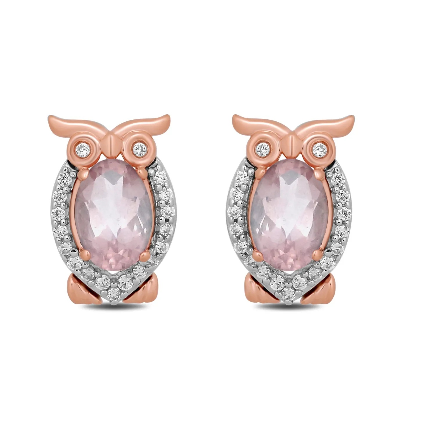 Enchanted Disney Fine Jewelry Sterling Silver and 10K Rose Gold with 1/10 CTTW Diamond and Pink Quartz Aurora Owl Stud Earrings
