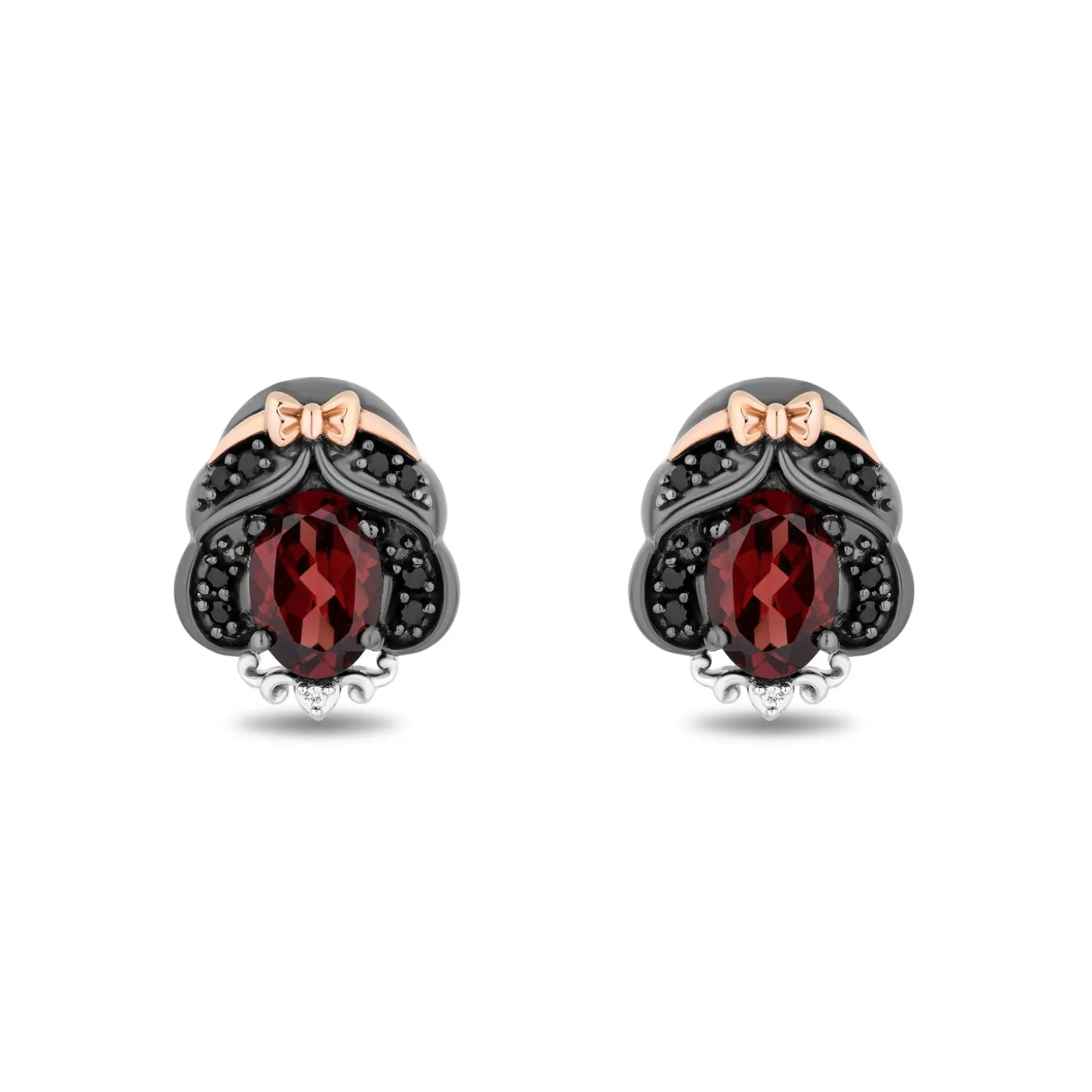Enchanted Disney Fine Jewelry Black Rhodium Over Sterling Silver and 10K Rose Gold 1/7 CTTW White Diamond and Black diamond with Red Garnet Snow White Stud Earrings