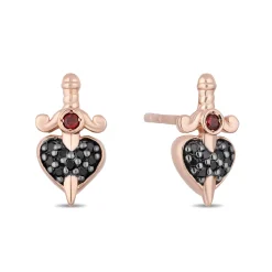 Enchanted Disney Fine Jewelry 10K Rose Gold with 1/8 CTTW Black Diamonds and Garnet Evil Queen Earrings