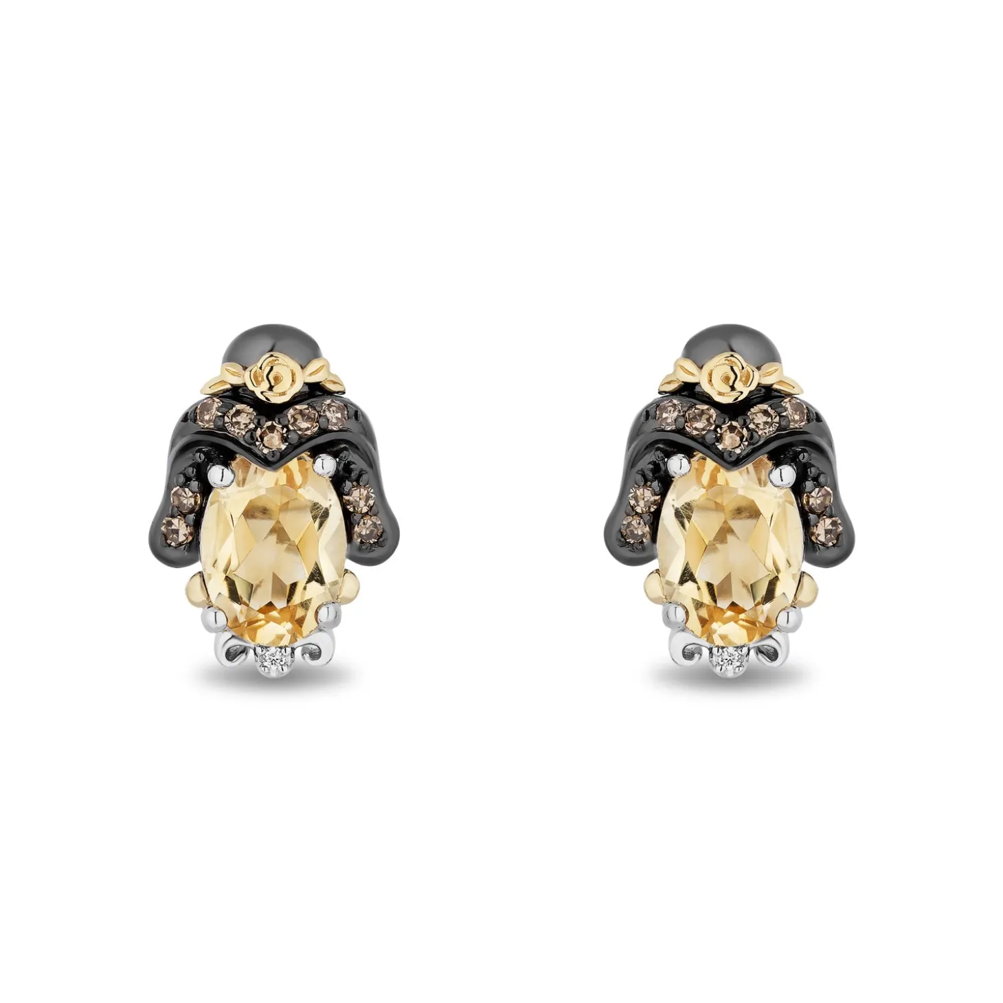 Enchanted Disney Fine Jewelry Black Rhodium Over Sterling Silver and 10K Yellow Gold 1/7 CTTW White Diamond and Champagne Diamond with Citrine Belle Stud Earrings