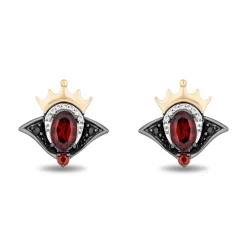 Enchanted Disney Fine Jewelry Black Rhodium Over Sterling Silver and 10K Yellow Gold with 1/10 CTTW Diamonds and Garnet Evil Queen Stud Earrings
