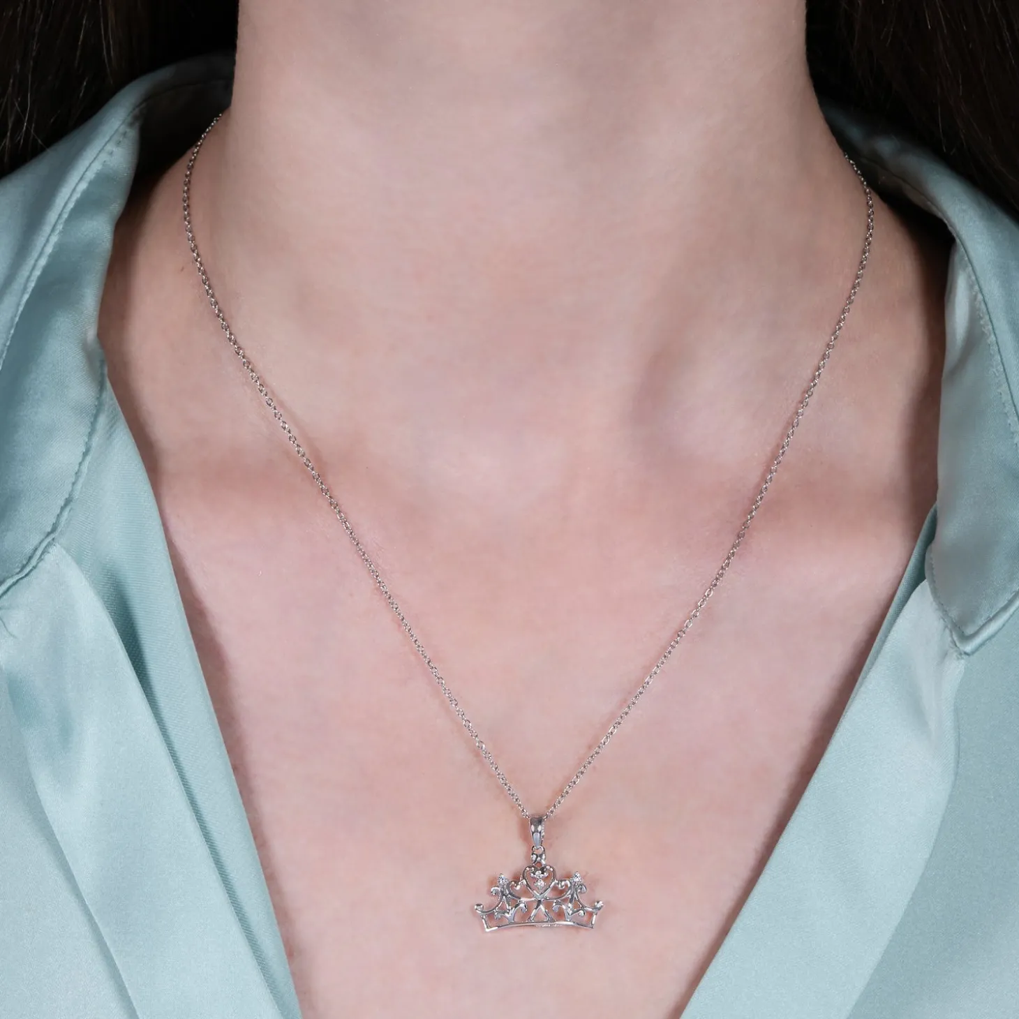 Enchanted Disney Fine Jewelry 10K White Gold Diamond Accent Majestic Princess Crown Pendant Necklace