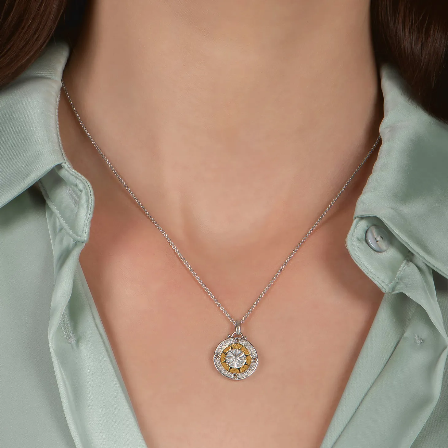 Enchanted Disney Fine Jewelry 14K Yellow Gold over Sterling Silver with 1/10 CTTW Diamonds and Smokey Quartz Pocahontas Medallion Pendant Necklace