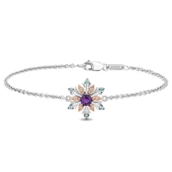 Enchanted Disney Fine Jewelry Sterling Silver and 10K Rose Gold Diamond Accent with Blue Topaz and Rose-De-France Elsa Snowflake Bracelet